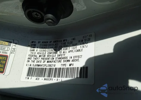 2015 Honda Cr-V Ex-L z USA, uszkodzony, nr VIN 5J6RM4H72FL096218